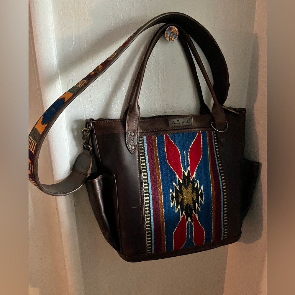 Nena & Co. Brown Leather Tote with Multicolor Southwestern Stripe Accents - Picture 4 of 7